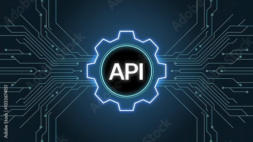 API symbol embedded within a futuristic, glowing blue gear, connected to a complex circuit board 