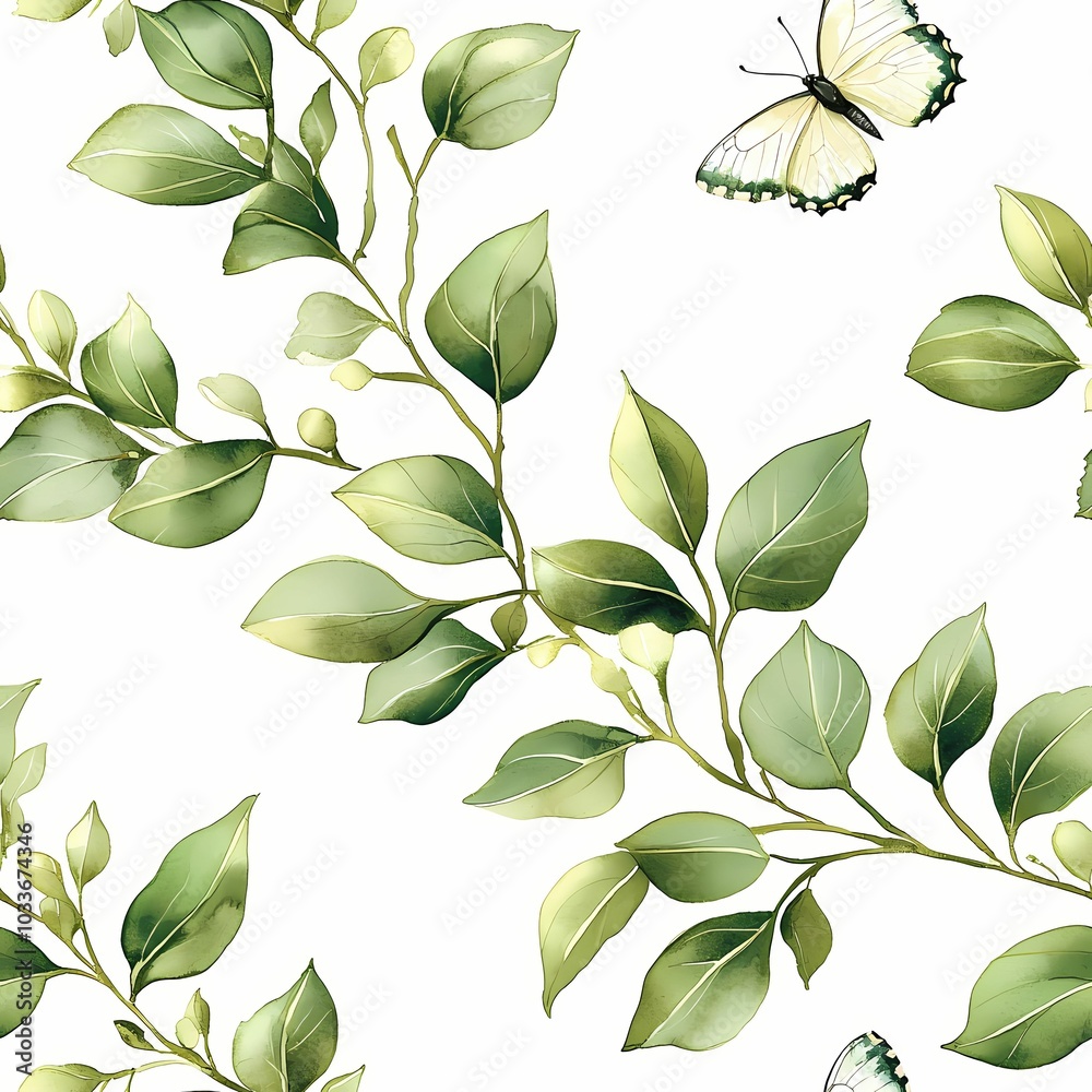 A serene pattern of green leaves and delicate butterflies, creating a fresh and natural aesthetic. A serene pattern of green leaves and delicate butterflies, creating a fresh and natural aesthetic.