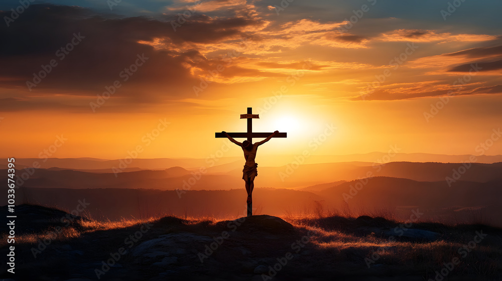 custom made wallpaper toronto digitalSilhouette jesus christ crucifix on cross on calvary sunset background concept for good friday he is risen in easter day, good friday jesus death on crucifix, world christian and holy spirit religious