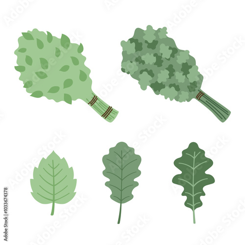 Sauna, bathhouse brooms illustration in cartoon flat style. Birch and oak brooms, leaves hand drawn design element. Vector illustration