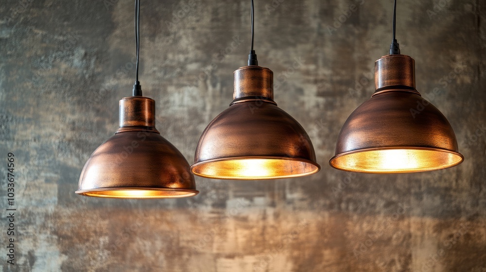 Obraz premium A set of three vintage copper pendant lights casting warm light against a textured, industrial-style wall.