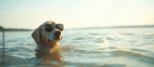 Dog swimming in water wearing sunglasses, enjoying summer vibes