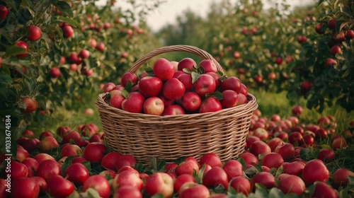 A bountiful apple harvest with a wicker basket full of red apples surrounded by fallen fruit in a lush green orchard, evoking the abundance and freshness of autumn