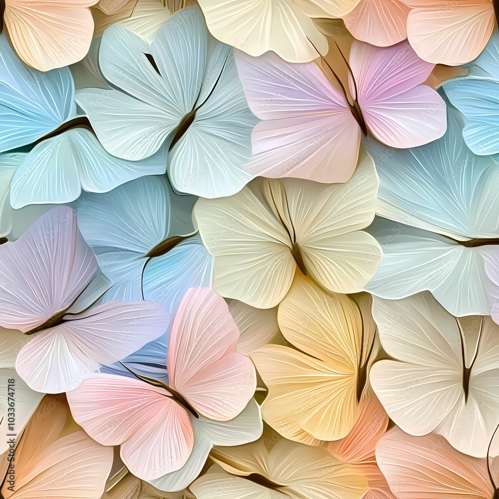 Obraz premium A vibrant collage of colorful butterflies, showcasing delicate wings in pastel shades, creating a whimsical and serene atmosphere.