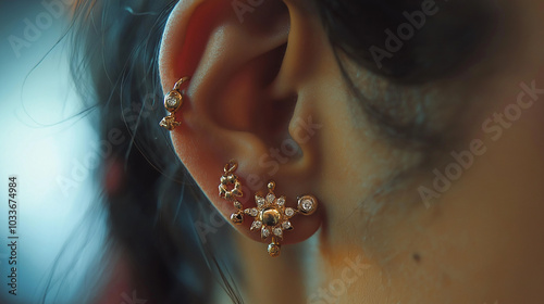 Close-up of a tragus piercing, tiny stud placed precisely, ear adorned with other jewelry photo