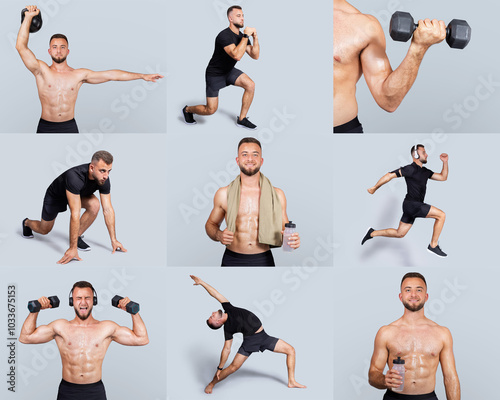 A man performs a series of physical exercises, showcasing strength training and cardio movements while using dumbbells. He appears fit and engaging in a well-lit indoor environment. photo