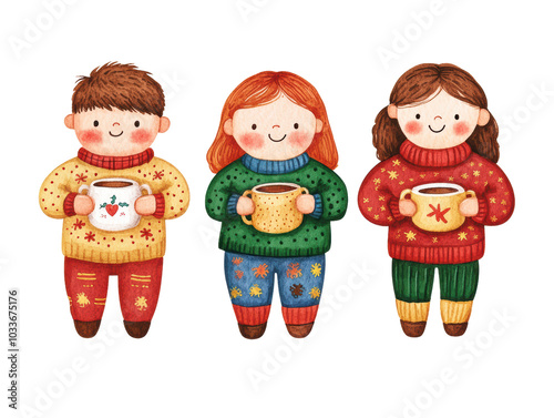 Three cheerful children with mugs , dressed in colorful, festive sweaters, exuding warmth and joy.