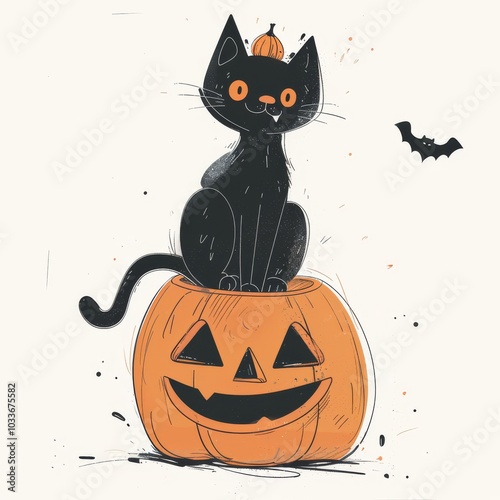 Cute Black Cat Sitting on Pumpkin with Bat