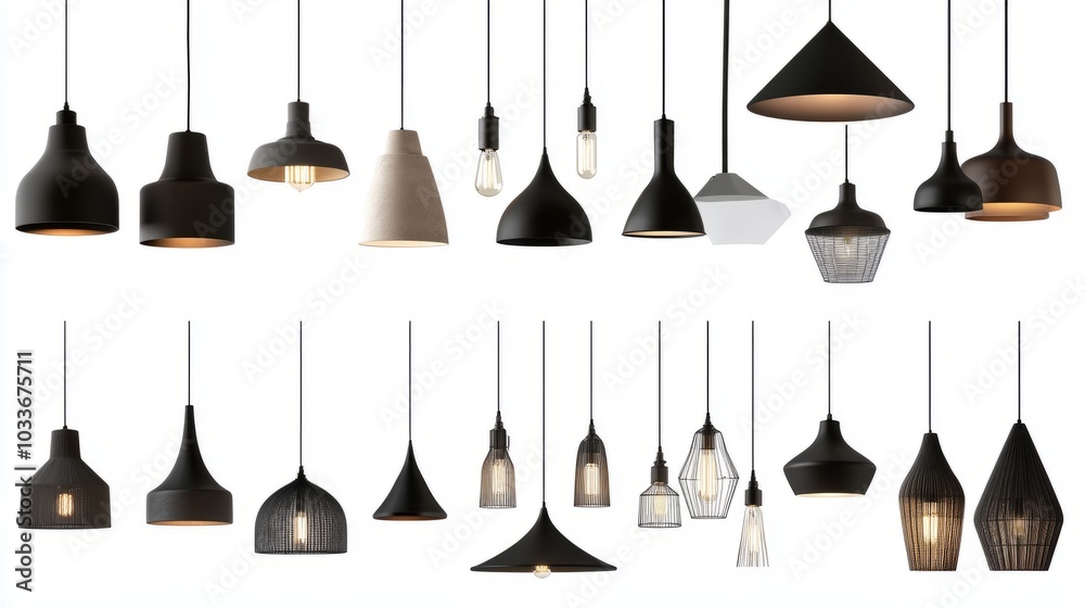 Collection of trendy lighting fixtures in PNG, blending industrial, mid-century, and minimalist styles. Collection of trendy lighting fixtures in PNG, blending industrial, mid-century, and minimalist styles.