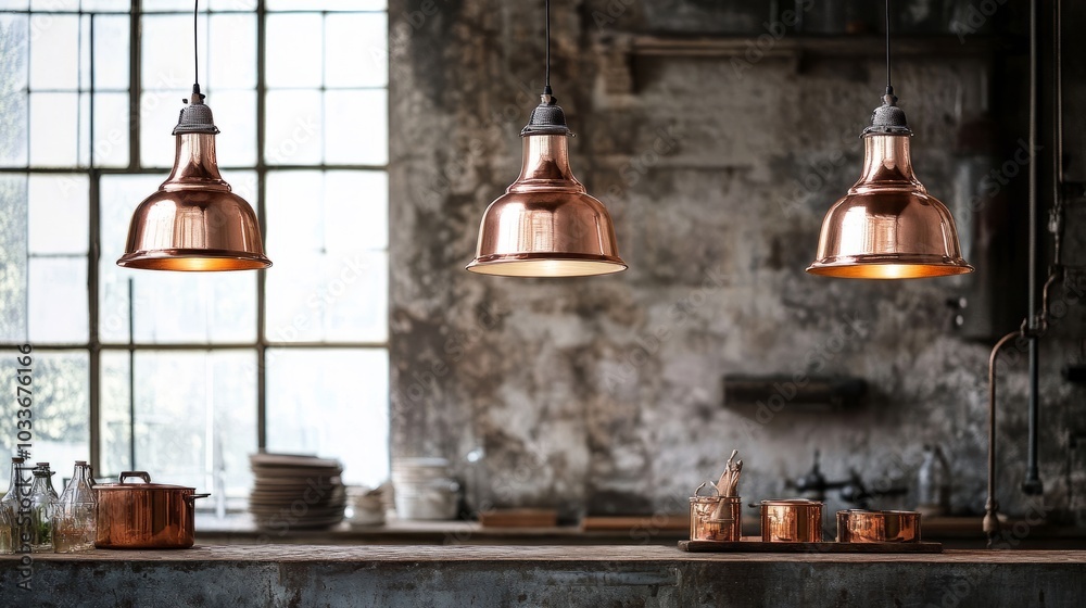 Obraz premium Copper pendant lights with a vintage look, glowing softly against a rough, industrial backdrop.