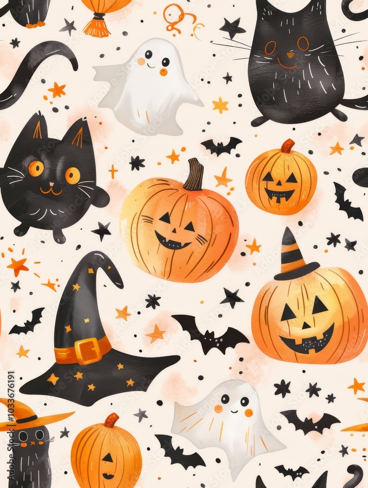Cute Halloween Cats and Ghosts Pattern Cute Halloween Cats and Ghosts Pattern