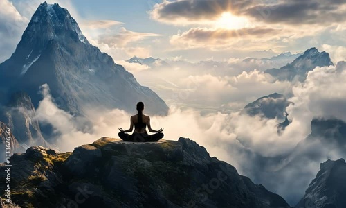 A woman meditates in the lotus position on top of a mountain. Yoga, calm, mountains, clouds.