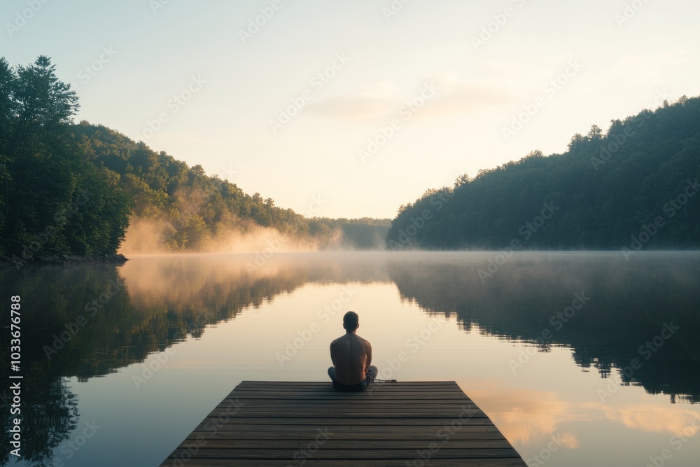 Man sitting on a dock, overlooking a misty lake. Man sitting on a dock, overlooking a misty lake.