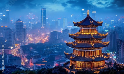 A lit pagoda overlooking a city at dusk.