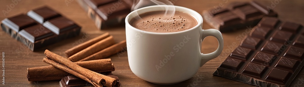 Warm cup of hot chocolate with chocolate bars and cinnamon sticks. Warm cup of hot chocolate with chocolate bars and cinnamon sticks.