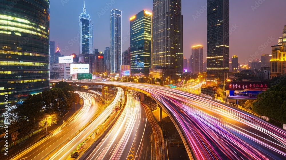 Fototapeta premium City Lights Skyscrapers Night View Traffic Long Exposure Photography, Urban Nightscape Busy Roads Bright Lights