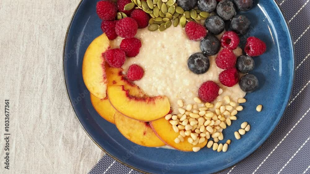 Delicious oatmeal porridge with raspberries, blueberries and pine nuts in a flat blue plate on a bright table. Peach, raspberry, blueberry, pumpkin seeds, pine nuts for breakfast.