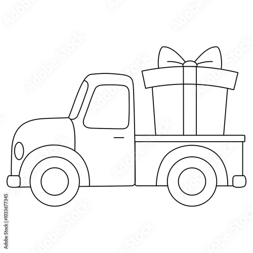 pick up truck with a giant christmas gift outline illustration