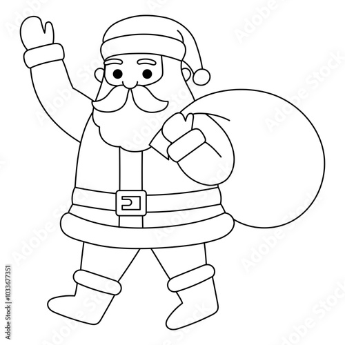 cute santa claus carry a sack and raising hand outline illustration