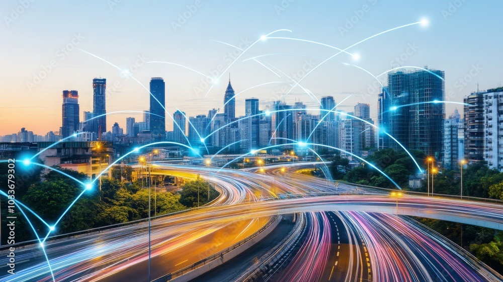 Obraz premium Cityscape Lights Trails, Modern Urban Traffic, Skyline Connections