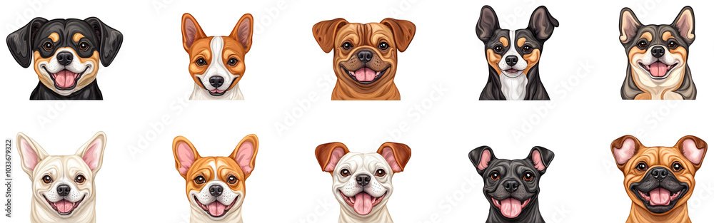 Set of cartoon style dog faces featuring various breeds with happy expressions, isolated on transparent background, perfect for pet illustrations, designs, and animal-themed projects Set of cartoon style dog faces featuring various breeds with happy expressions, isolated on transparent background, perfect for pet illustrations, designs, and animal-themed projects