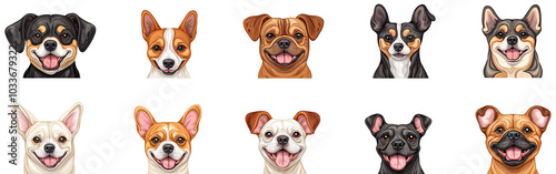 Set of cartoon style dog faces featuring various breeds with happy expressions, isolated on transparent background, perfect for pet illustrations, designs, and animal-themed projects