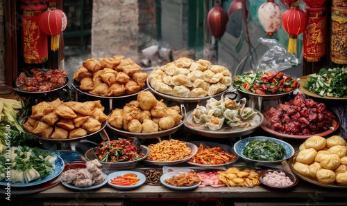 Steaming Chinese food displayed on a table.