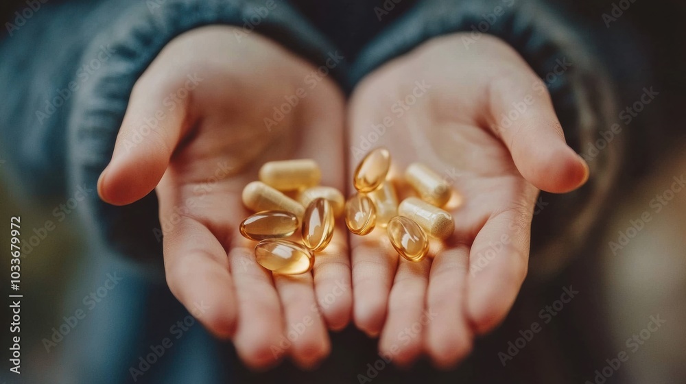 Hands holding various dietary supplements under soft lighting