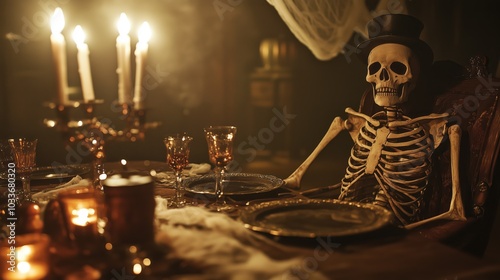 Skeleton seated at an eerie dining table. Halloween haunted dinner photo