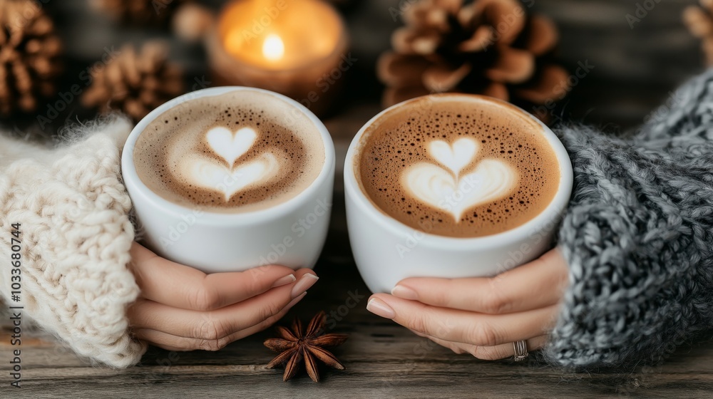 Two coffee cups with heart-shaped latte art held by women in cozy knitted sweaters, surrounded by pinecones and a candle, creating a warm and festive winter atmosphere Two coffee cups with heart-shaped latte art held by women in cozy knitted sweaters, surrounded by pinecones and a candle, creating a warm and festive winter atmosphere
