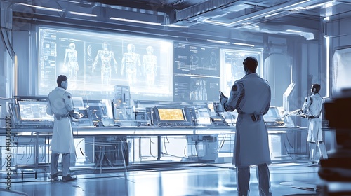 Futuristic Control Room with Scientists and Holographic Projections