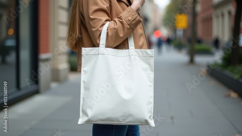 A young woman walks along a city street carrying a plain white tote bag during an early evening stroll. Mock-up