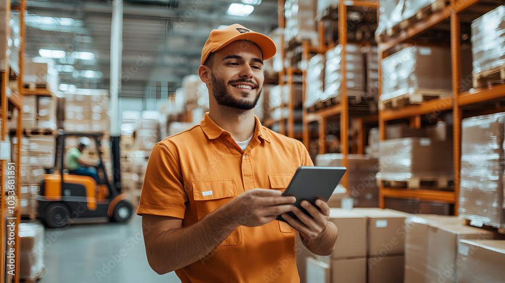 Real-time stock management in warehouse as workers in uniforms use barcode scanners for package tracking, manage goods, digital inventory screens display, order processing and logistics operations. Real-time stock management in warehouse as workers in uniforms use barcode scanners for package tracking, manage goods, digital inventory screens display, order processing and logistics operations.