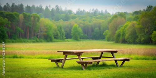 empty picnic table in field with woods in background