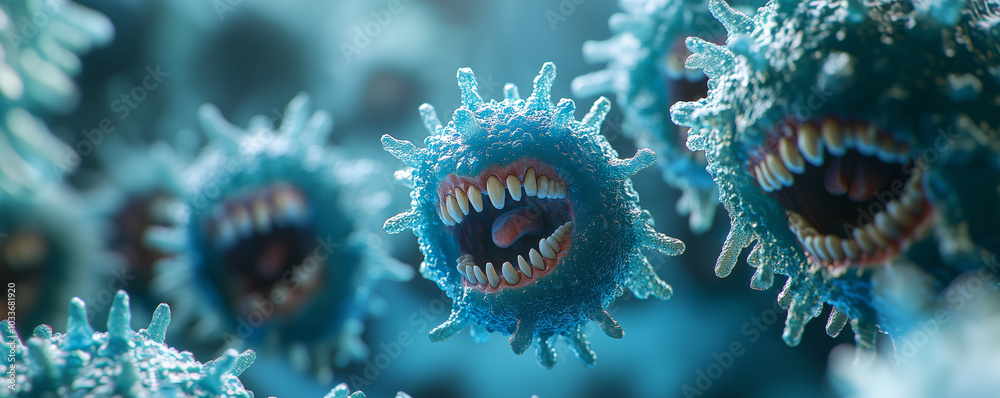 monstrous virus or bacteria with aggressive features, representing fear, infection, and danger in the microscopic world monstrous virus or bacteria with aggressive features, representing fear, infection, and danger in the microscopic world