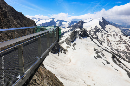 Panoramic view from the Kitzsteinhorn, a snowy mountain, gletsjer and ski area near Kaprun in Salzburg, Austria photo