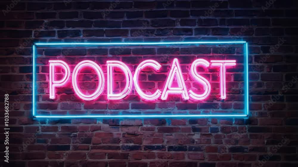 Neon podcast sign on brick wall background for modern media promotions Neon podcast sign on brick wall background for modern media promotions