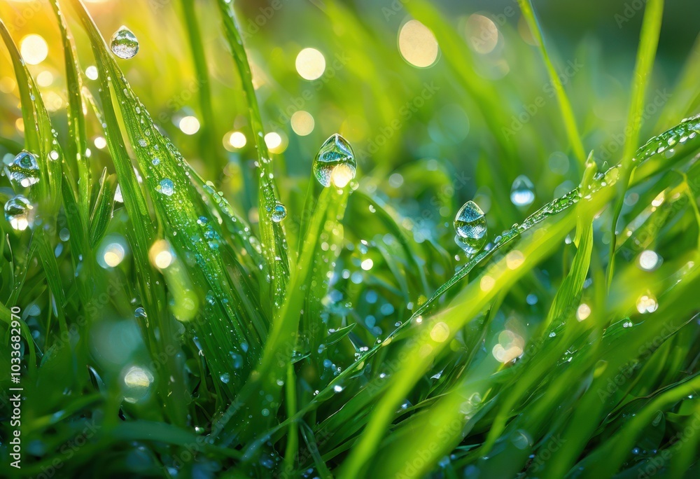 Fototapeta premium vivid microscopic view glimmering morning dew drops lush green grass blades radiating dappled sunrise light, droplets, greenery, sunlight, vibrancy