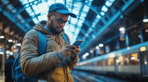 A young black man looks at his smartphone while standing on a train platform.