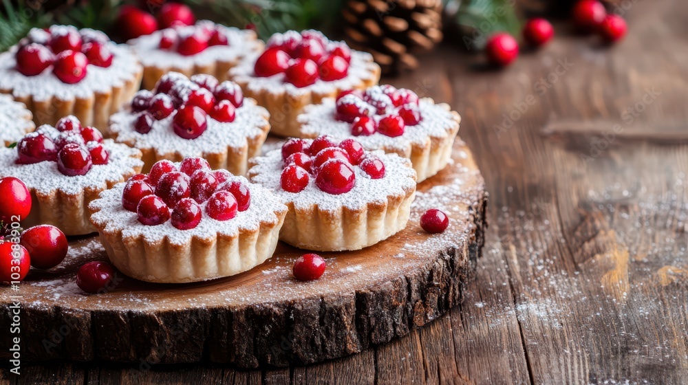 Festive mini tarts dusted with powdered sugar, topped with cranberries, for Christmas dessert. Festive mini tarts dusted with powdered sugar, topped with cranberries, for Christmas dessert.