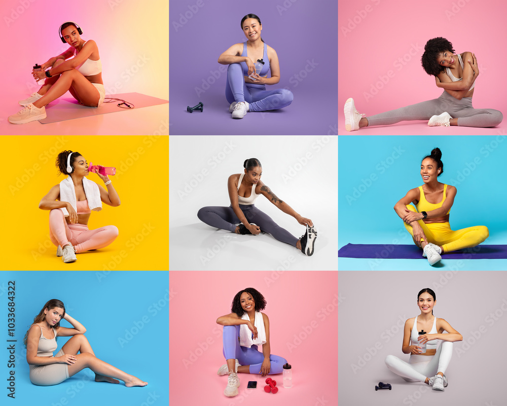 A diverse group of women participates in various fitness activities, showcasing exercises, poses, and stretches in vibrant, colorful settings. Each captures the spirit of health and wellness.