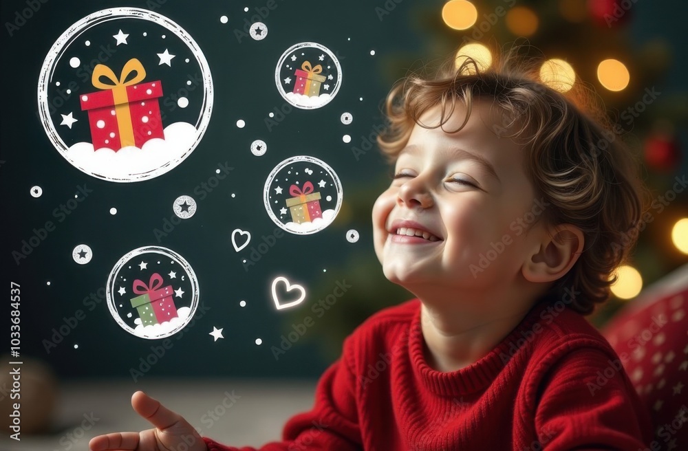 Photo portrait of little boy eyes closed dreaming about gifts, boy smiling, big cartoon drawn circles with gifts inside circles flying around boy head, red wool sweater, curly hair, festive Christmas 