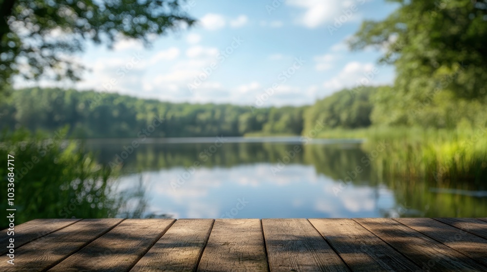 Perspective of a wooden table with a blurred forest and lake scene, perfect for showcasing products in a serene, natural backdrop. Perspective of a wooden table with a blurred forest and lake scene, perfect for showcasing products in a serene, natural backdrop.
