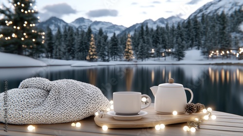 A warm cup of tea and a teapot sit on a wooden desk, accompanied by a cozy blanket, while a breathtaking snow-covered lake and forest are visible at sunset photo