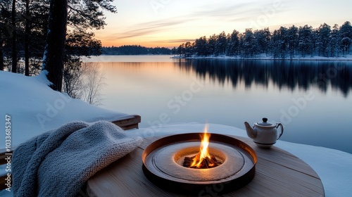 A warm cup of tea and a teapot sit on a wooden desk, accompanied by a cozy blanket, while a breathtaking snow-covered lake and forest are visible at sunset photo