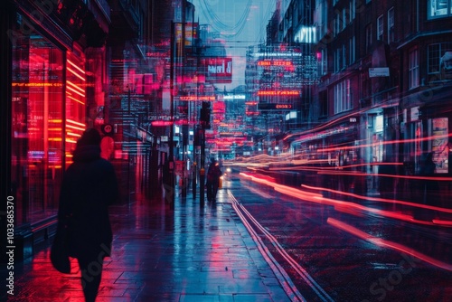 Wallpaper Mural A vibrant city street at night illuminated by neon lights. The scene captures motion with glowing streaks of light. It evokes a sense of urban nightlife. Generative AI Torontodigital.ca