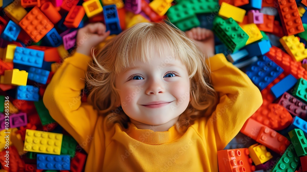 Fototapeta premium A young girl with blonde hair smiles while laying in a pile of colorful building blocks.