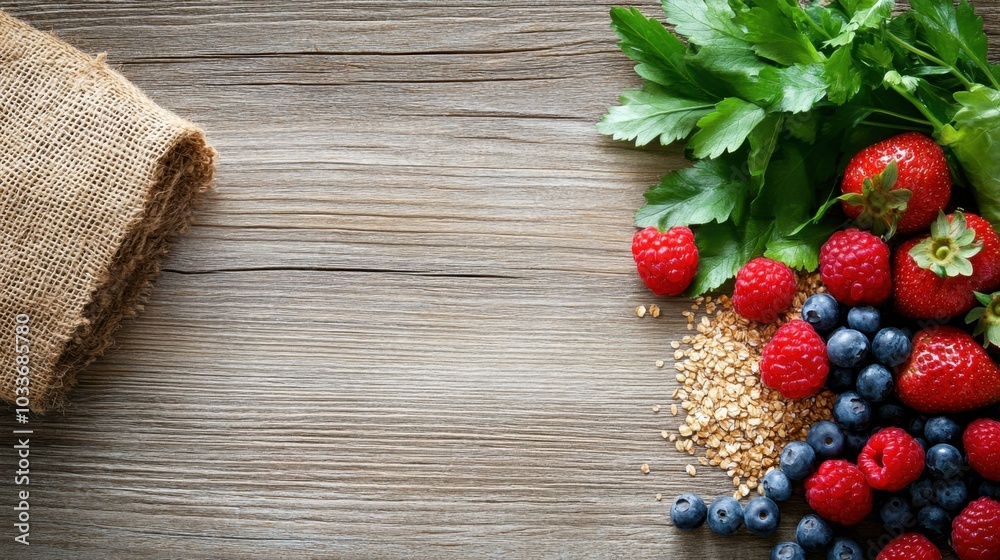 Rustic wooden table featuring an assortment of healthy foods such as whole grains, berries, and leafy greens for a clean and nutritious meal. Rustic wooden table featuring an assortment of healthy foods such as whole grains, berries, and leafy greens for a clean and nutritious meal.