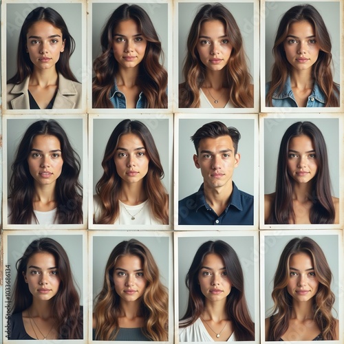  A collage of young women and one man, styled after retro photo booth images, with muted colors and aged, dirty edges for an authentic vintage feel photo