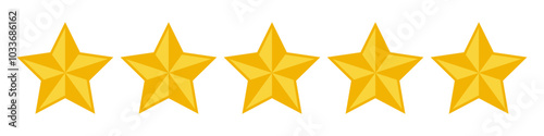 Five golden stars graphic icon. Rank or voting rating sign isolated on white background. Symbol for evaluating the quality of a product or service. Vector illustration